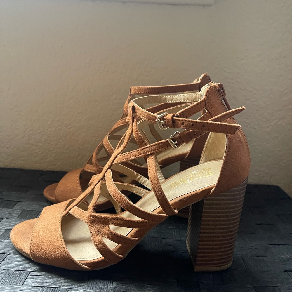 Brown strap wedge heels